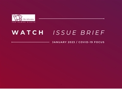 [ai] Red gradient background featuring a logo for 'The Advocates for Human Rights.' The text reads: 'WATCH ISSUE BRIEF JANUARY 2023 / COVID-19 FOCUS' in white.